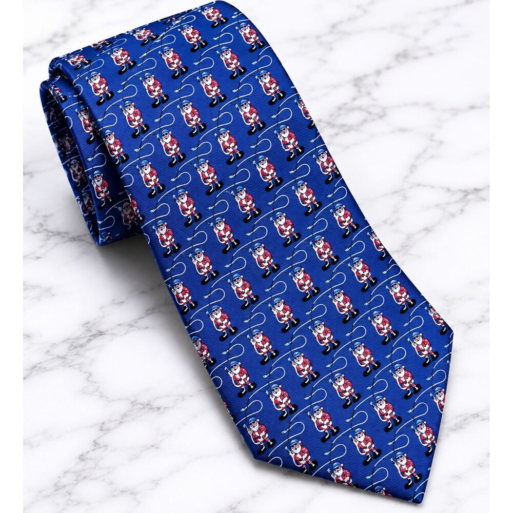 Vineyard Vines Fishing Santa Silk Necktie Blue Christmas Golf Club Tie Preppy